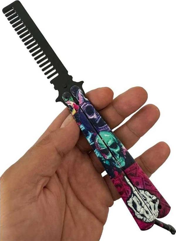 Büro Ev Ofis Kişisel Saç Bakımı için 21CM Metal Açılır Kelebek Stil Kurukafa Motifli Tarak - Image 1