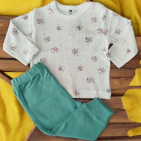 ÇİÇEKLİ BEBE PENYE İKİLİ TAKIM Mint Yeşili - Image 1
