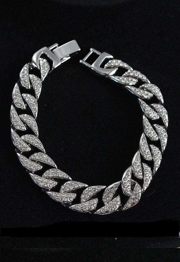 Bakımlı Erkek için Silver Pirinç Zirkonlu Cuba Gurmet Stil Bileklik - Image 1