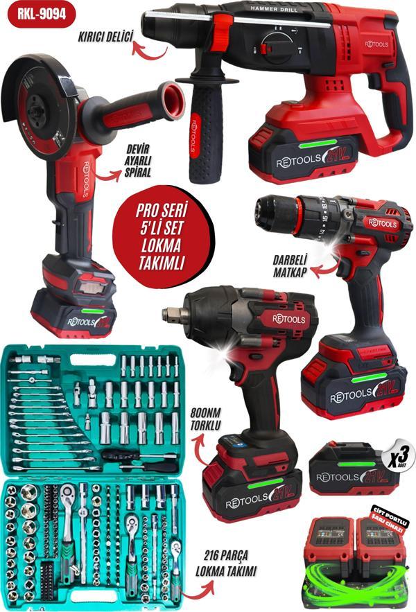 RETOOLS YENİ SERİ 5'Lİ SET 800NM TORK GÜCÜ!  216 PARÇA LOKMA TAKIMLI - Image 1