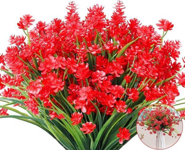 6lı Set Yapay Çiçek Sazlı Lotus Kırmızı Renk 7 Dal Plastik  30cm  - Image 1