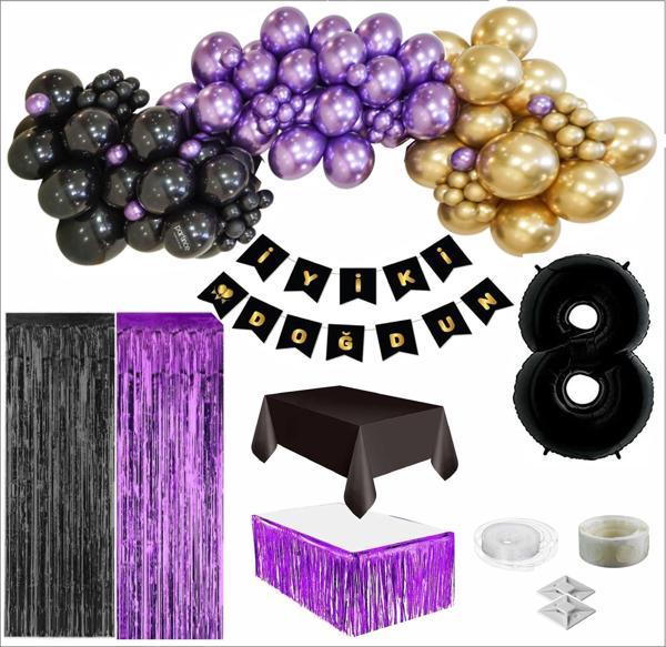 8 Yaş Siyah, Gold, Mor Balon, Siyah-Gold Doğum Günü Seti - Image 1