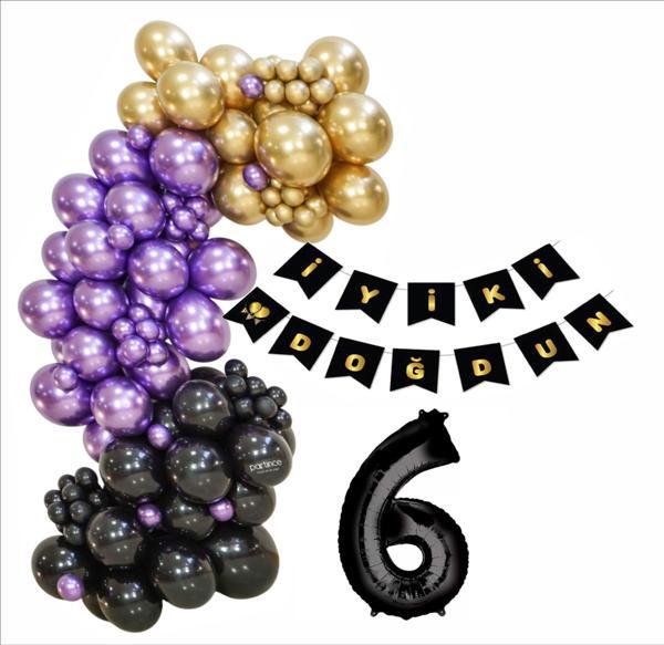 6 Yaş Siyah, Gold, Mor Balon+Banner Seti - Image 1