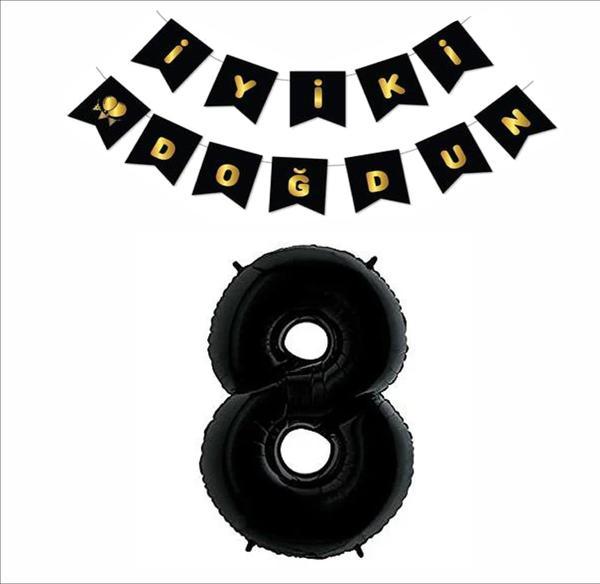 8 Yaş Siyah Folyo Balon+ Siyah Gold Banner  - Image 1