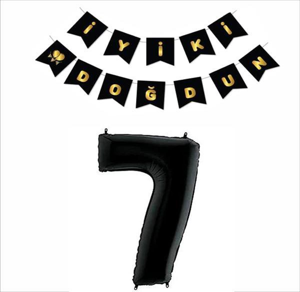 7 Yaş Siyah Folyo Balon+ Siyah Gold Banner  - Image 1
