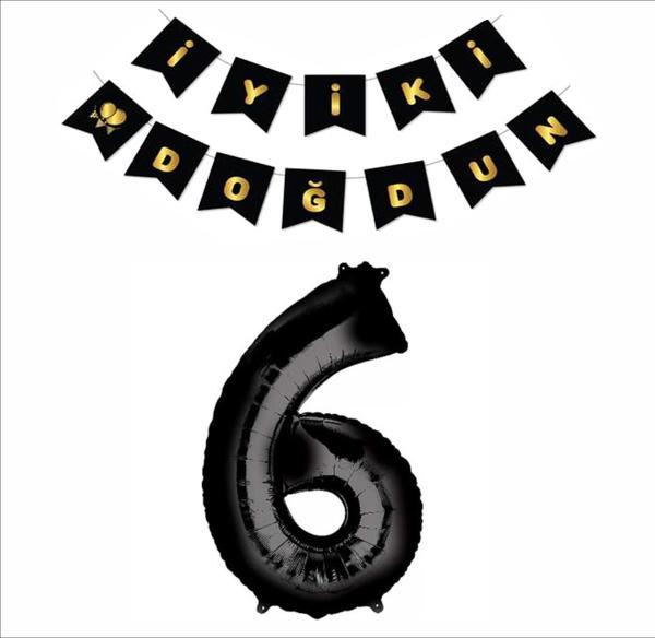 6 Yaş Siyah Folyo Balon+ Siyah Gold Banner  - Image 1