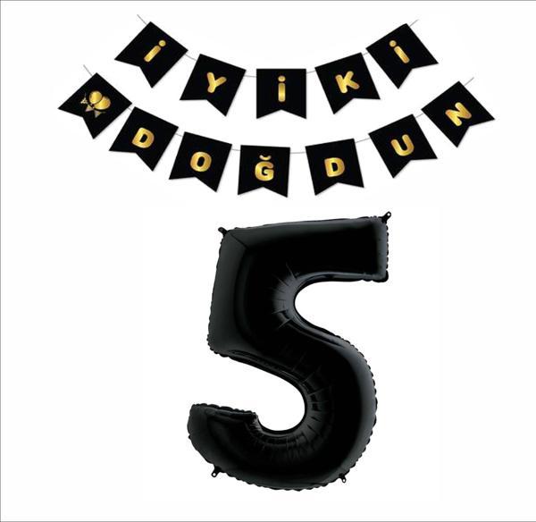 5 Yaş Siyah Folyo Balon+ Siyah Gold Banner  - Image 1