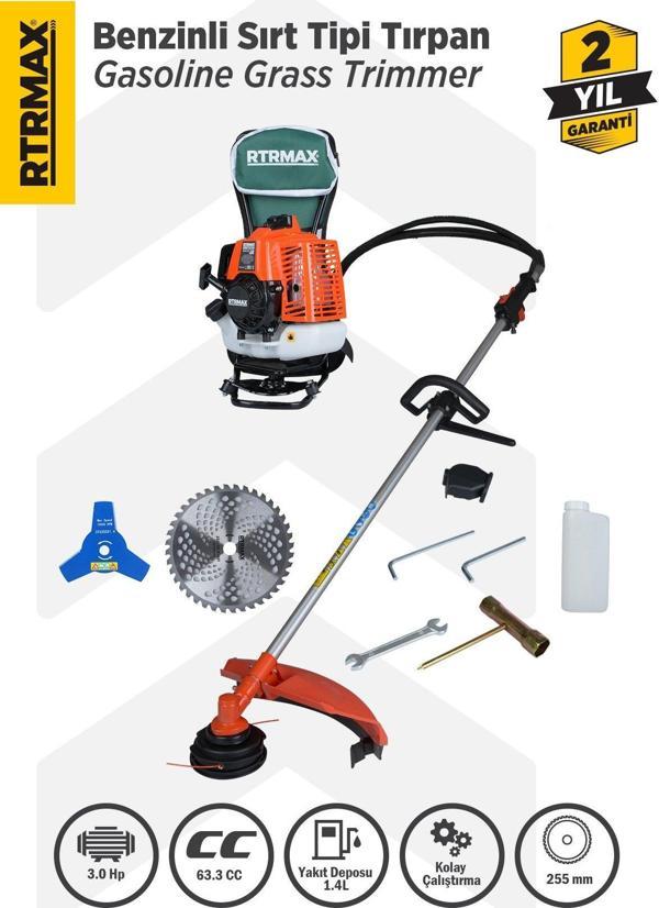 RTM9640 Benzinli Sırt Tipi Tırpan 63Cc 3.0Hp (Tırpan Bıçağı,Misina Başlığı,Tırpan Testeresi Hediye) - Image 1