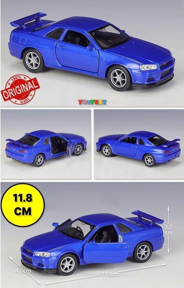 Toyfest Nissan Skyline Gtr R34 Çek Bırak Die - Cast Kapıları Açılabilen Metal Araba - Mavi 1:32 - 11.8 Cm - Image 1