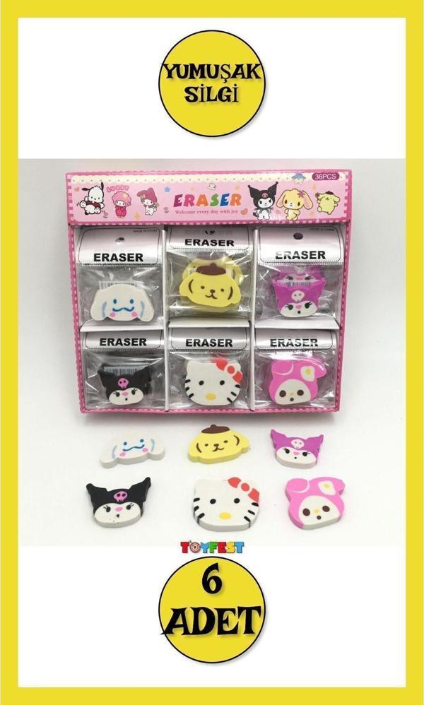 Toyfest Sanrio Figürlü Yumuşak Silgi - Hello Kitty - Kuromi - My Melody - Cinnamoroll 6 Lı Set - 6 Adet - Image 1