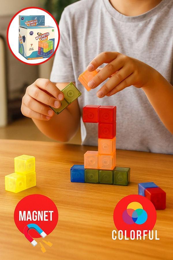 Toyfest Renkli Şeffaf 7 Parçalı Mıknatıslı 3X3 Manyetik Küp Zeka Sabır Rübik Küpü - Image 1