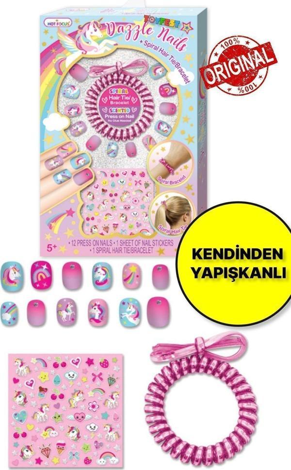 Toyfest Unicorn Figürlü Stickerlı Toka & Bilezikli Kendinden Yapışkanlı Dazzle Nails Takma Tırnak Seti - Image 1