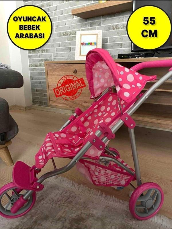 Toyfest 3 Tekerlekli Metal İskeletli Katlanabilir Puantiye Desenli Çocuk Oyuncak Bebek Arabası Puset - 55 Cm - Image 1