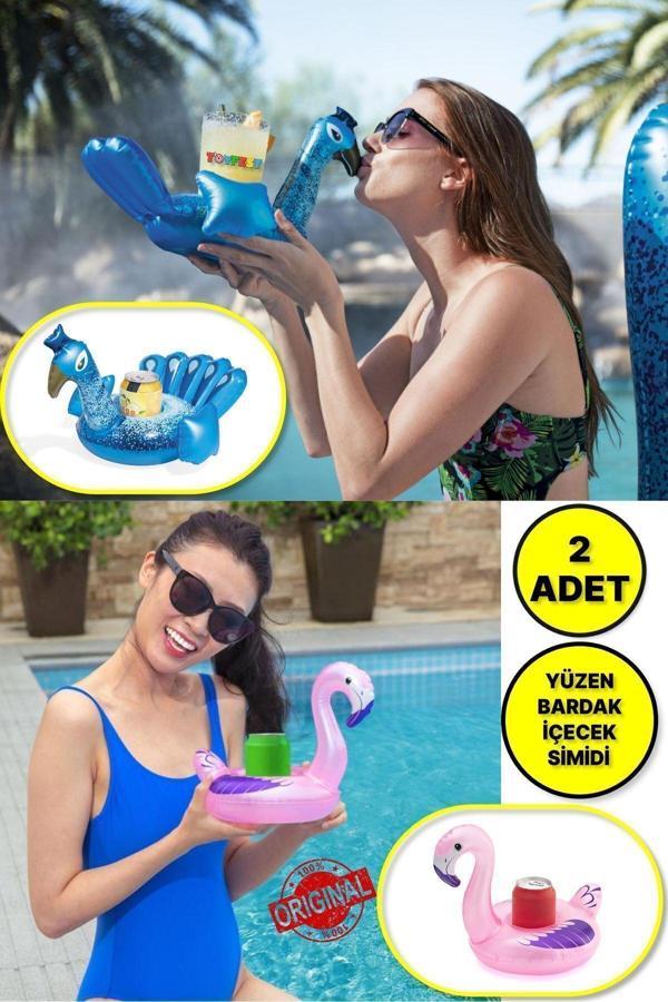 Toyfest 2 Adet - Havuz Deniz De Pelikan Ve Tavus Kuşu Modelli Şişme Yüzen İçecek Bardak Tutacağı - Image 1