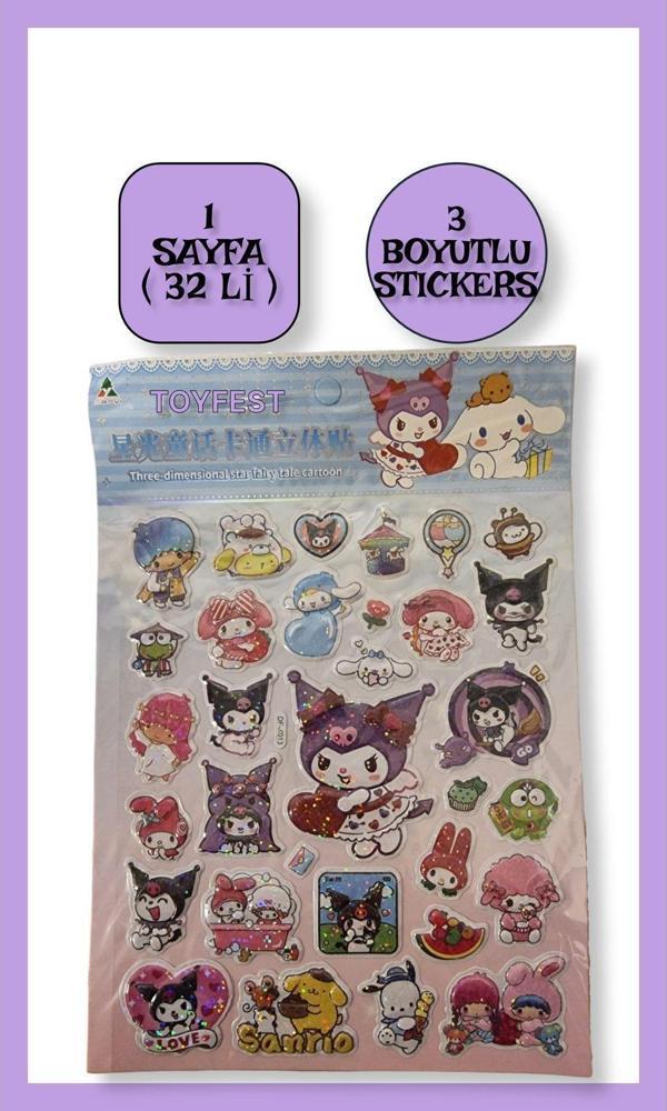 Toyfest Simli Parlak 3D Sanrio Cinnamoroll Kuromi Pompompurin My Melody Twin -1 Sayfa (32 Adet) Sticker Seti - Image 1
