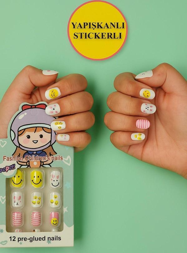 Toyfest 12 Li Yapışkan Stickerlı Renkli Baskılı Çocuk Takma Tırnak Oyuncak Seti - 5- 14 Yaş Arası - Model 21 - Image 1