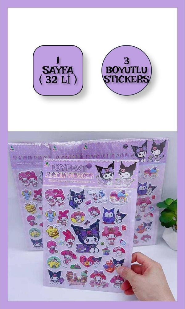 Toyfest Simli Parlak 3D Sanrio Kuromi My Melody Cinnamoroll Pompompurin Twin -1 Sayfa (32 Adet) Sticker Seti - Image 1