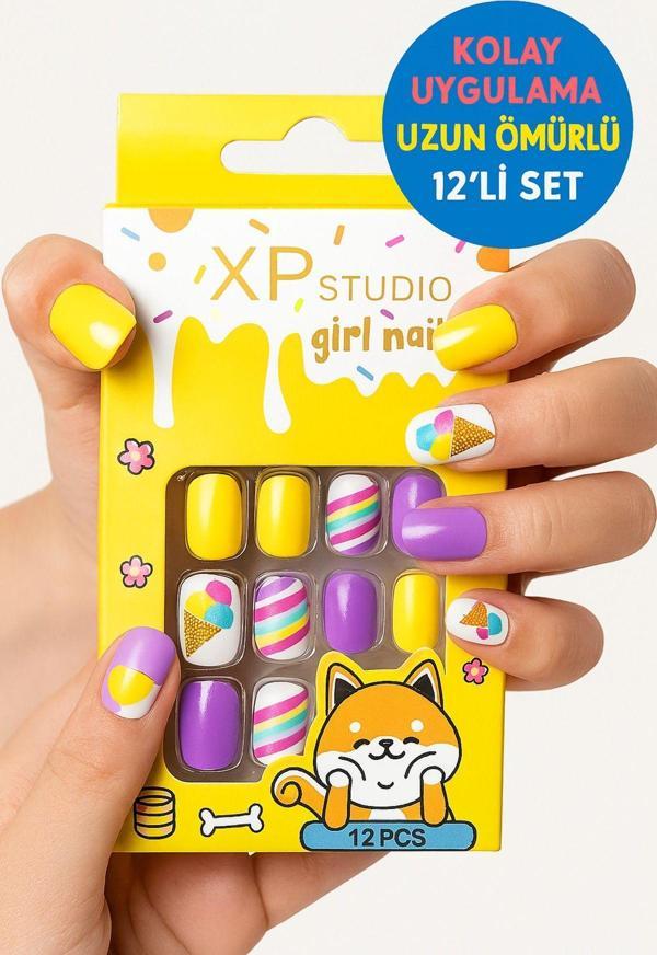 Toyfest 12 Li Yapışkan Stickerlı Renkli Baskılı Çocuk Takma Tırnak Oyuncak Seti - 5- 14 Yaş Arası - Model 48 - Image 1