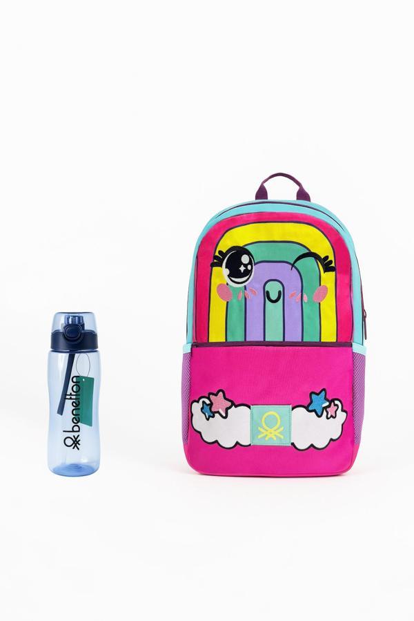Benetton Gökkuşağı Desenli Okul Seti(İlkokul Çantası, Mavi Matara) - Image 1