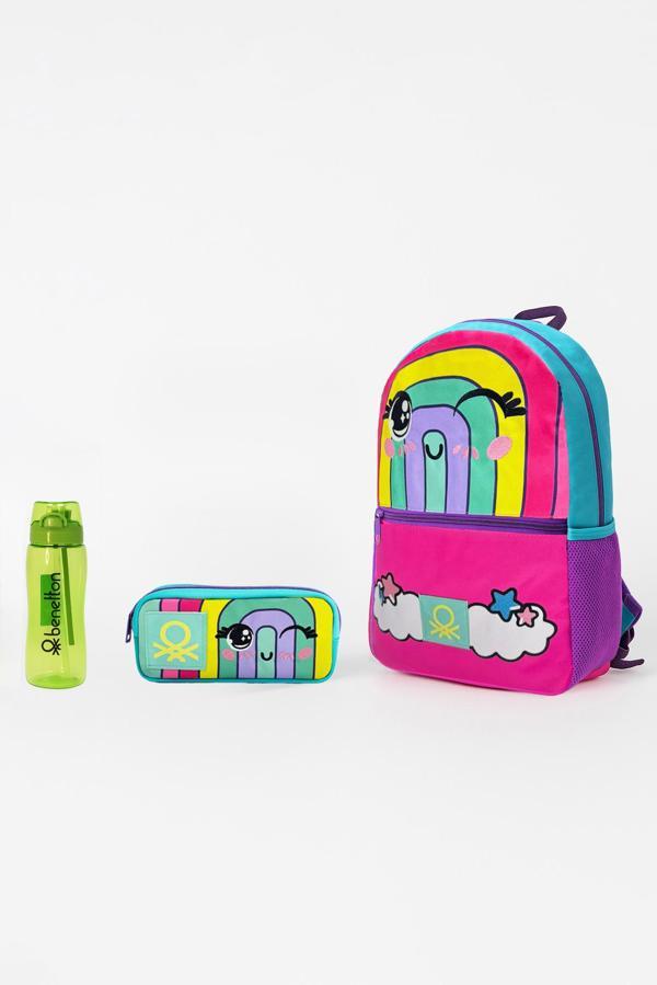 Gökkuşağı Desenli Üçlü İlkokul Çantası Seti(İlkokul Sırt Çantası, Çift Gözlü Kalem Kutusu, Matara Yeşil) - Image 1