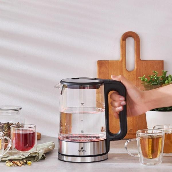 Paslanmaz Çelik Taban 5 Kademeli Sıcaklık Modu ve LED Işıklı Cam Su Isıtıcısı & Kettle 2200W - Image 1