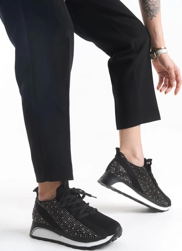 ALYA Bağcıklı Ortopedik Taban Taşlı Kadın Sneaker Spor Ayakkabı CBT - Siyah - Image 1