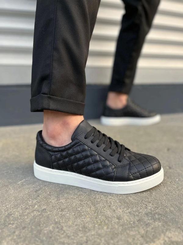 JY166 Prestige Bağcıklı Cilt Kapitone Desenli Erkek Günlük Sneaker Ayakkabı CBT - Siyah - Image 1