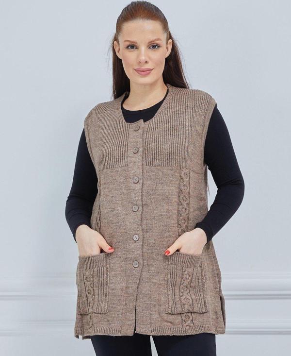 Kadın Yuvarlak Yaka Triko Cepli Düğmeli Kışlık Yün Yelek - Image 1