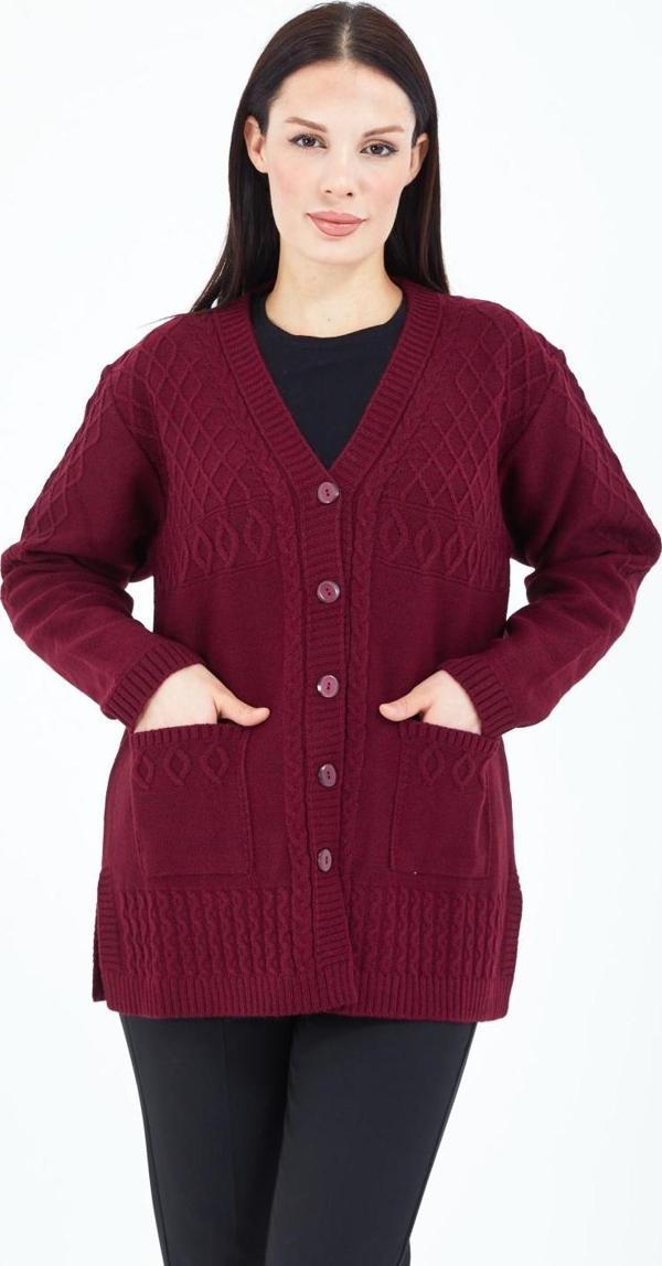 Kadın V Yaka  Bordo Düğmeli Cepli Örgü Yün Anne Triko Kısa Hırka - Image 1
