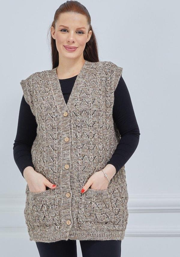 Kadın Kırçıllı Kazayağı Model Kalın Kışlık Örgü Cepli Triko Anne Yelek - Image 1