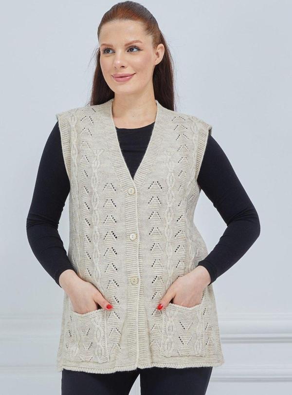 Kadın V Yaka Zincir Örgü Cepli Yün Anne Triko Yelek - Image 1