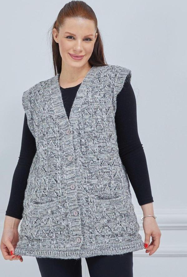 Kadın Kırçıllı Kazayağı Model Kalın Kışlık Örgü Cepli Triko Anne Yelek - Image 1