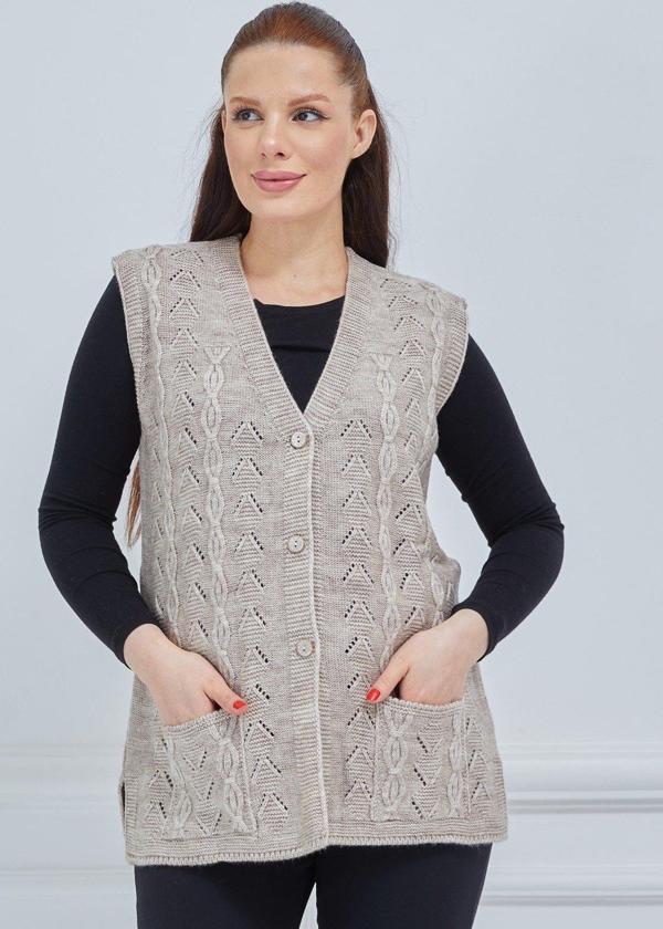 Kadın V Yaka Zincir Örgü Cepli Yün Anne Triko Yelek - Image 1