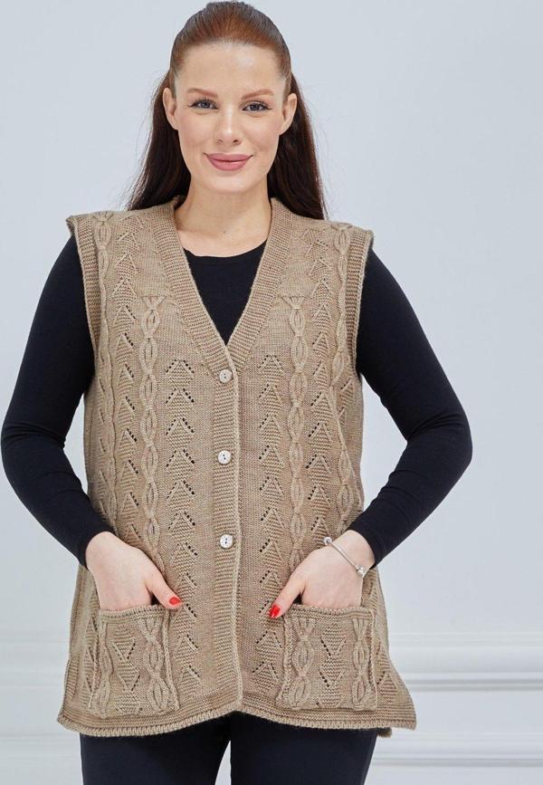 Kadın V Yaka Zincir Örgü Cepli Yün Anne Triko Yelek - Image 1