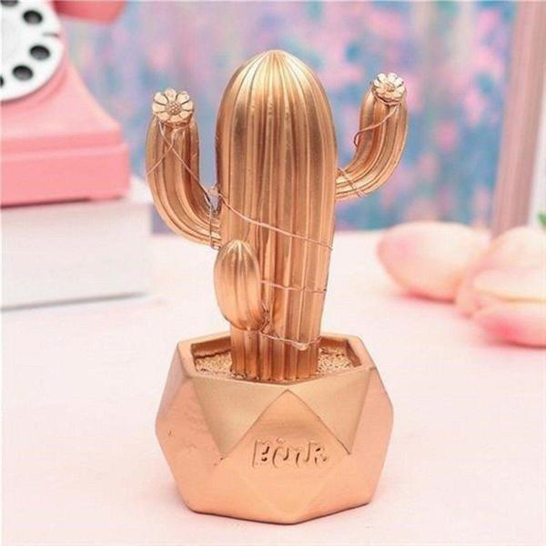 Tedaks Led Işıklı Sevimli Kaktüs Dekoratif Masa Lambası Mini Biblo Gece Lambası-Gold - Image 1