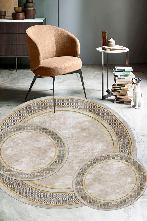 Krem-Gold  Kaymaz Taban 3lü Takım Banyo Paspası B1181 - Image 1