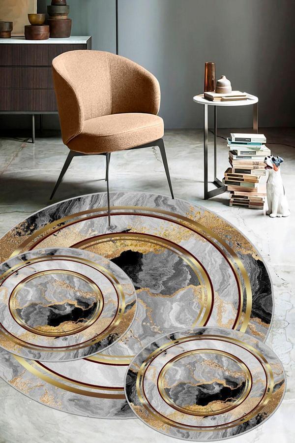 Gri-Gold  Kaymaz Taban 3lü Takım Banyo Paspası  B1125 - Image 1