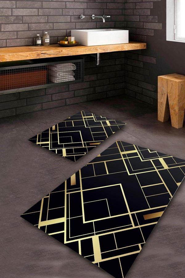  Siyah-Gold  Kaymaz Taban  Banyo Paspas Takımı  BPS-7702 - Image 1