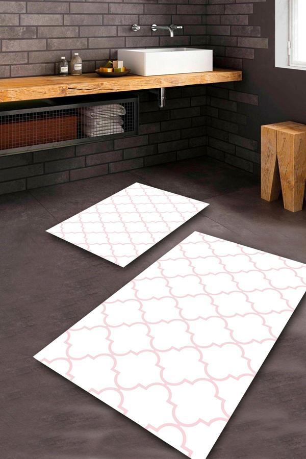  Beyaz  Kaymaz Taban Tasarım Banyo Paspas Takımı  BPS-1259 - Image 1