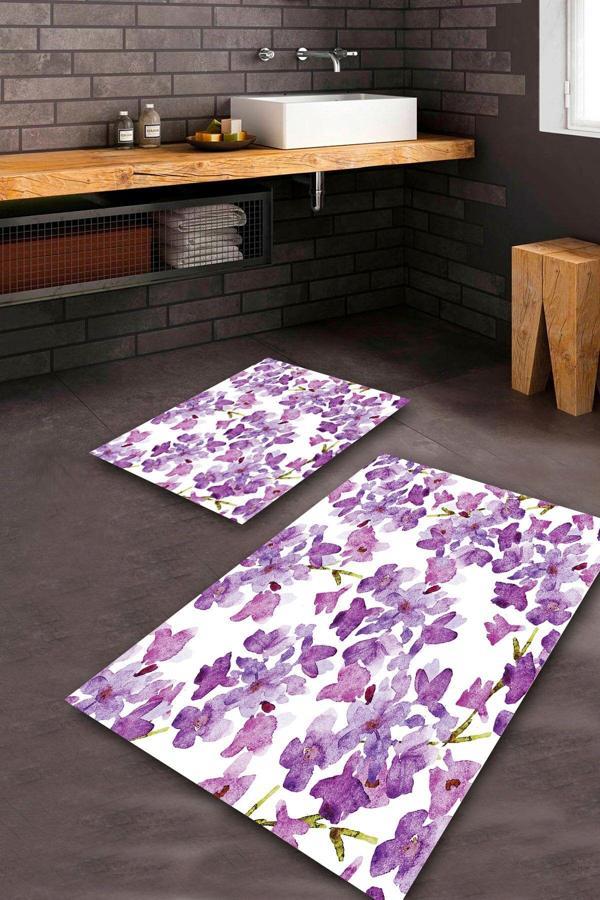  Mor  Kaymaz Taban Çiçek Banyo Paspas Takımı  BPS-2139 - Image 1