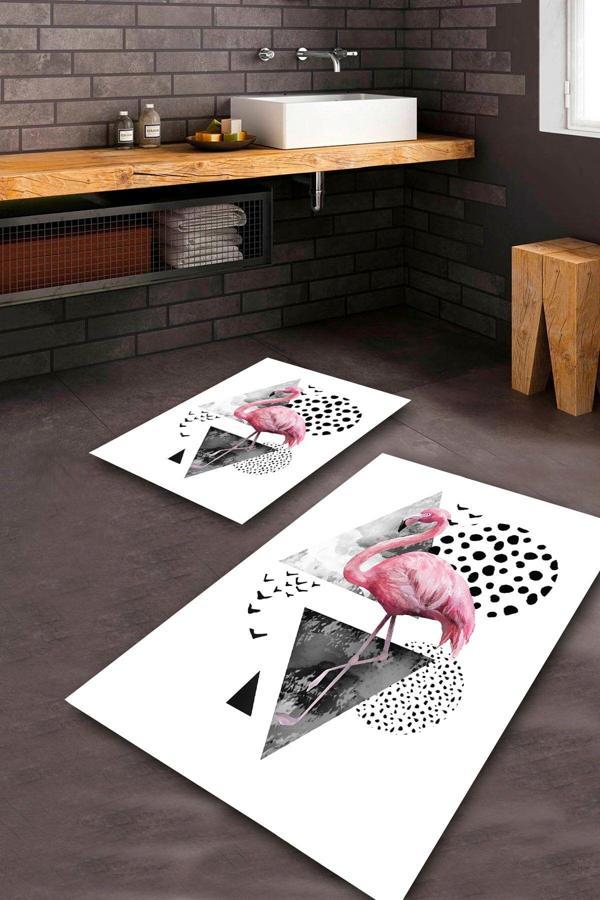  Beyaz  Kaymaz Taban Flamingo Banyo Paspas Takımı  BPS-1441 - Image 1