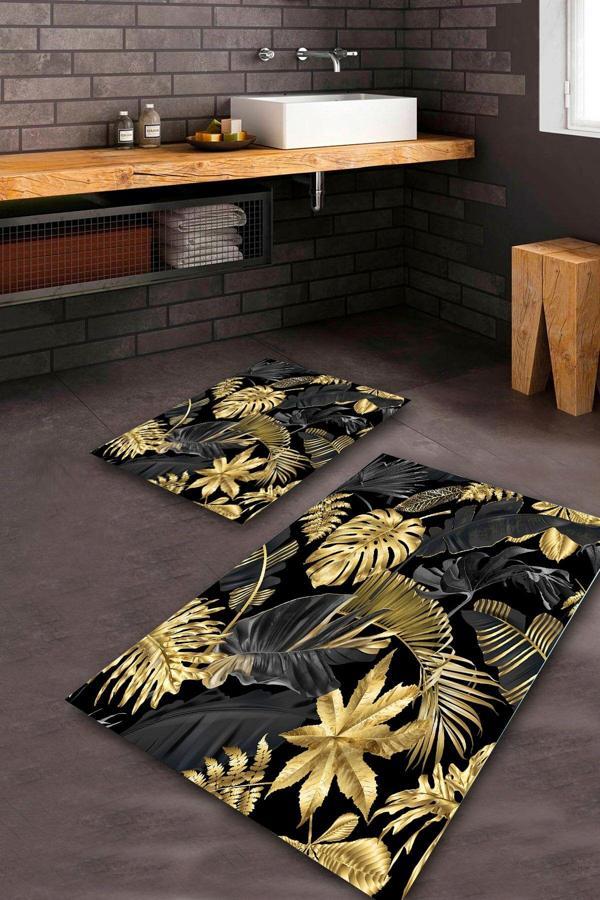  Siyah-Gold   Yaprak Banyo Paspas Takımı  BPS-1676 - Image 1