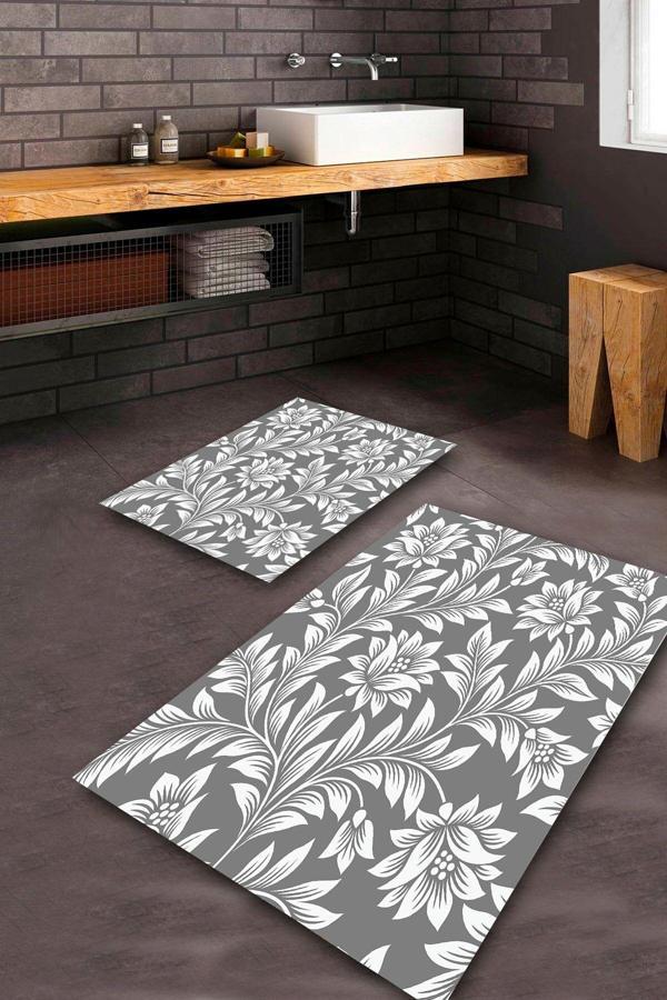  Gri  Kaymaz Taban Çiçek Banyo Paspas Takımı  BPS-2158 - Image 1