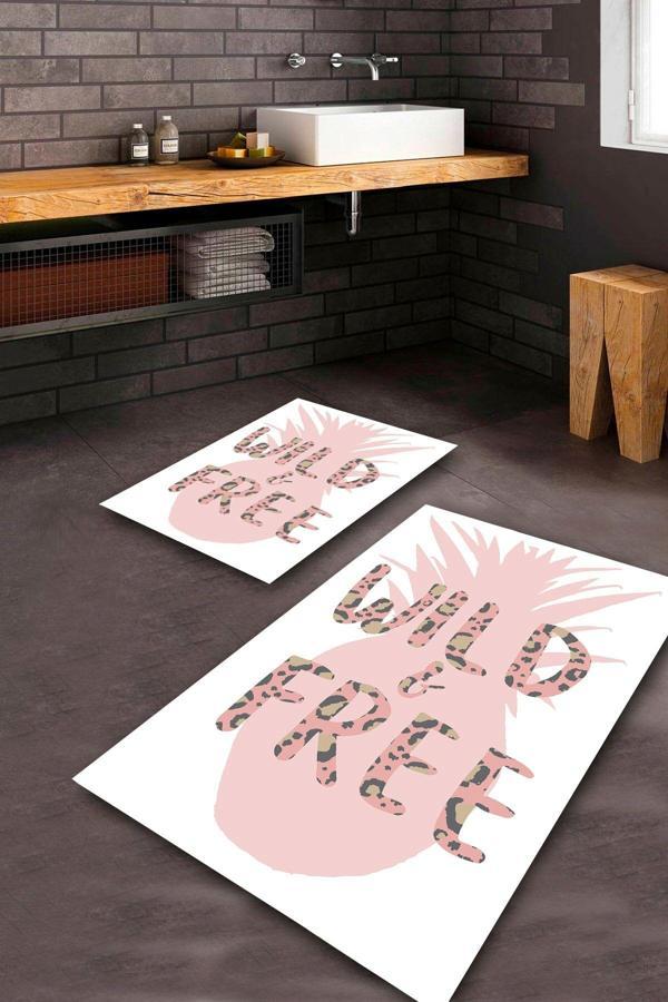  Beyaz-Pembe  Kaymaz Taban Free Banyo Paspas Takımı  BPS-5481 - Image 1