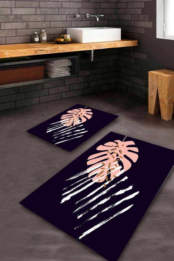  Lacivert-Pembe  Kaymaz Taban Yaprak Banyo Paspas Takımı  BPS-4337 - Image 1