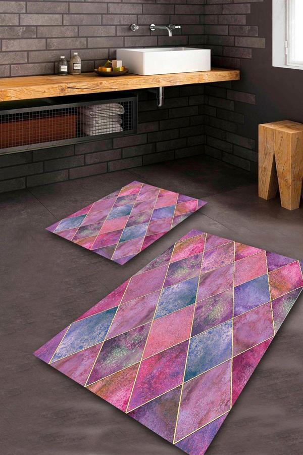  Multi  Kaymaz Taban Tasarım Banyo Paspas Takımı  BPS-1684 - Image 1