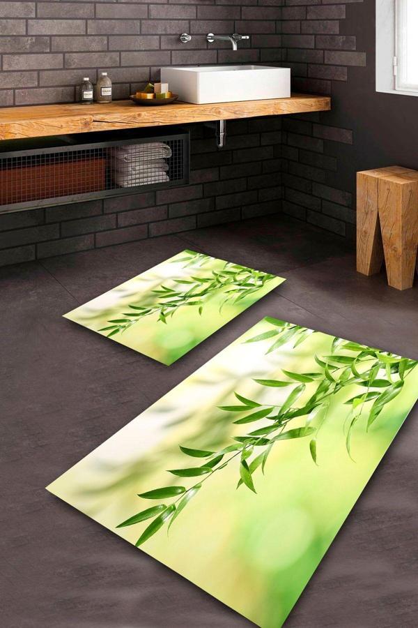  Yeşil  Kaymaz Taban Yaprak Banyo Paspas Takımı  BPS-5282 - Image 1