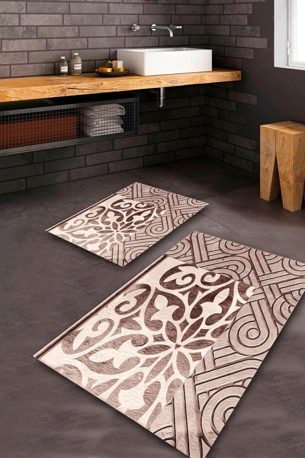  Kahverengi  Kaymaz Taban Tasarım Banyo Paspas Takımı  BPS-7890 - Image 1