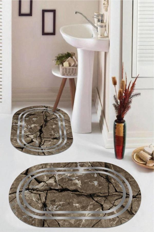 Kahverengi  Kaymaz Taban  Oval Banyo Paspas Takım  BB-115 - Image 1
