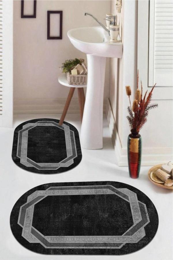 Siyah  Kaymaz Taban Çerçeve Oval Banyo Paspas Takım  BB-129 - Image 1